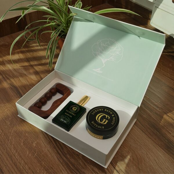 GLISERRA Signature Ritual gift set with body oil body butter and wooden massage tool